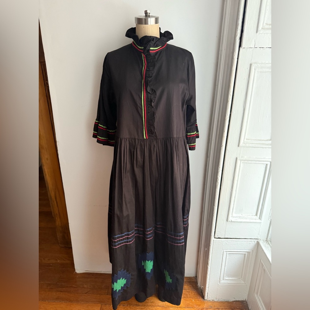 Folk Western Embroidered Maxi Dress Cotton Ruffle Collar Prairie Boho Dress